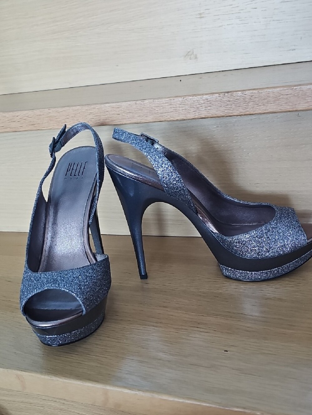 Pelle Moda Sparkling Silver Peep-Toe Slingback Heels - Picture 2 of 9